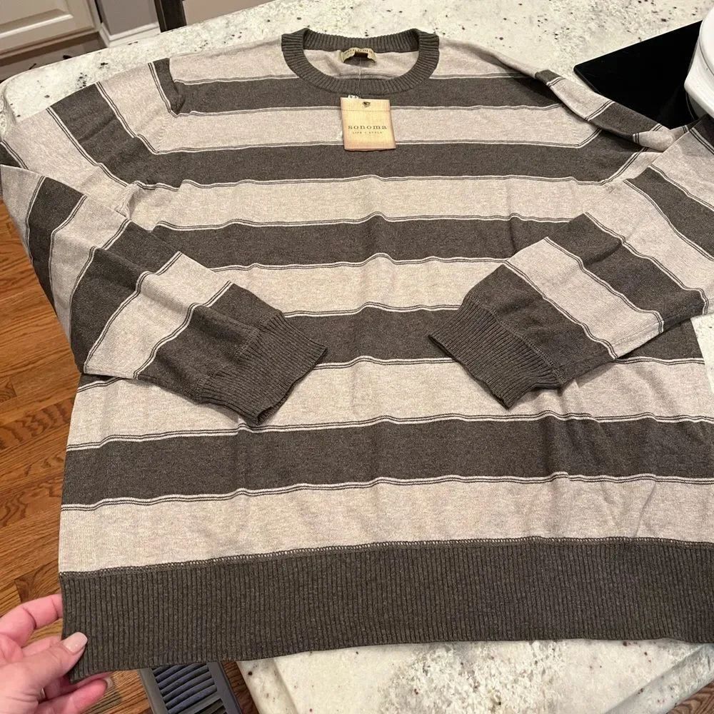 Sonoma Gray & Brown Striped Cotton Sweater sz XL NWT